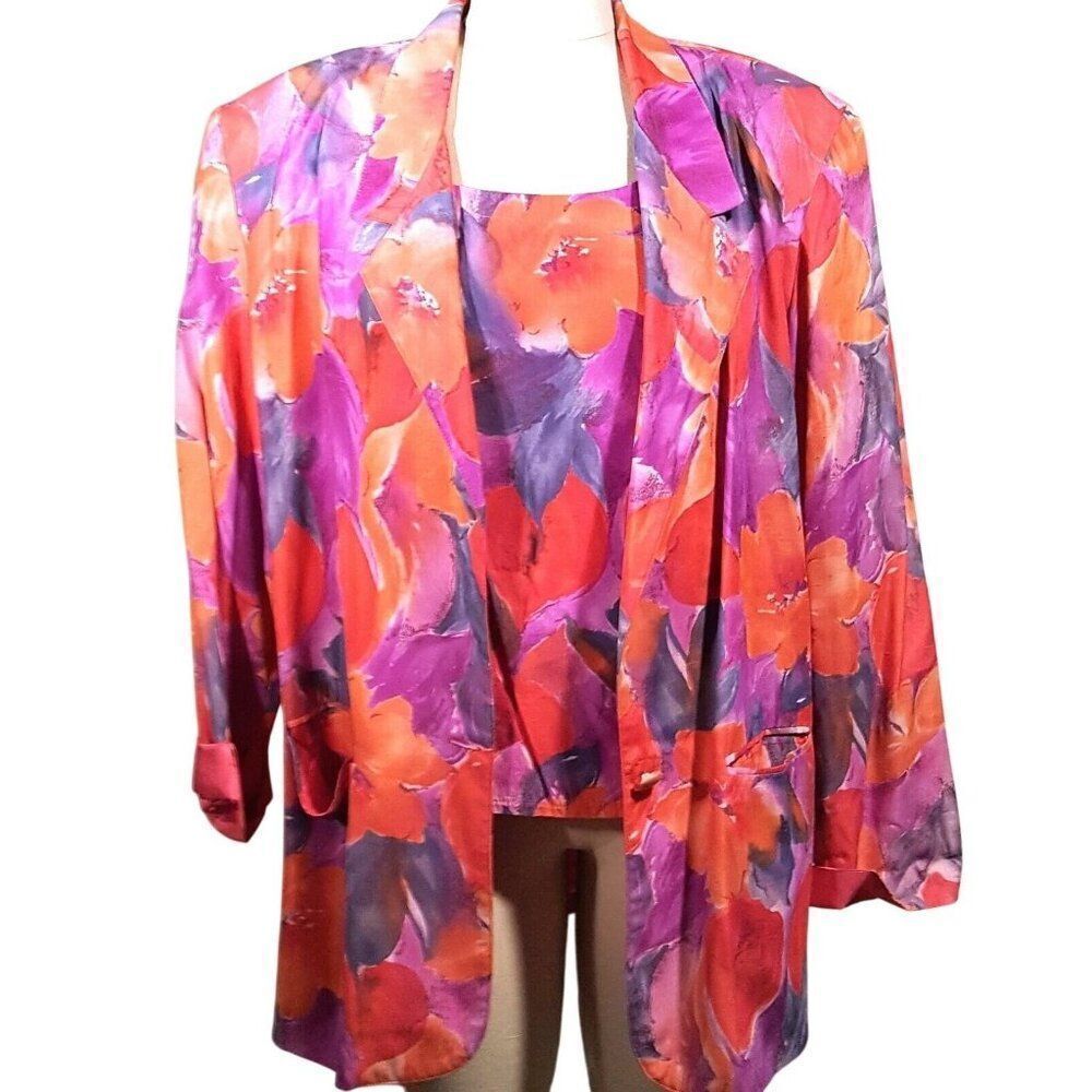 Vintage 80s Pink Floral Boyfriend Blazer Jacket Womens L Tank Top Shoulder Pads
